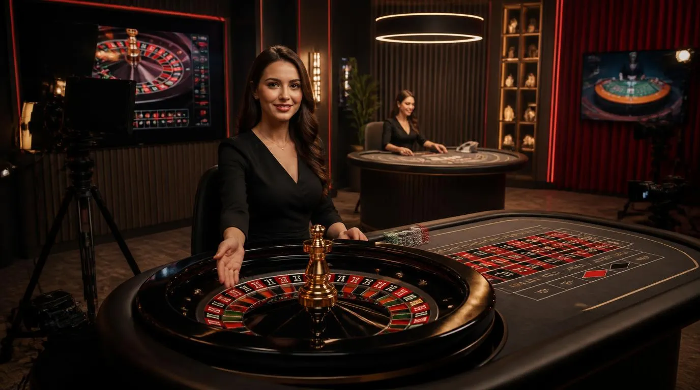 Live-Casino-Studio mit Roulettekessel, Blackjack-Tisch und professioneller Dealerin vor Kameras