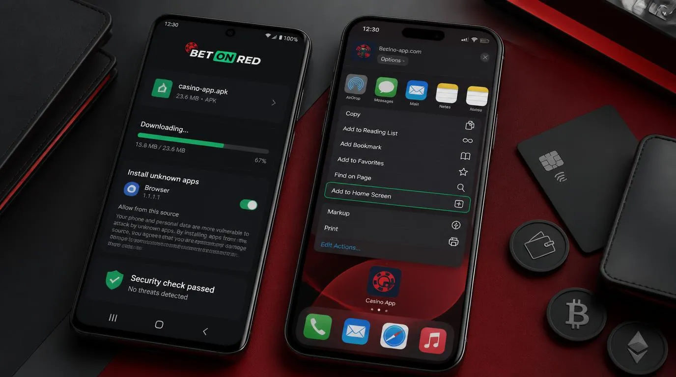 Smartphone mit Android-APK-Download und iOS-Web-App-Verknüpfung auf dem Home-Bildschirm