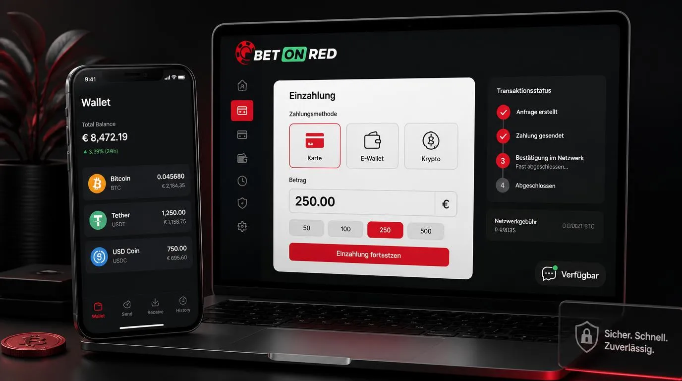 Krypto-Wallet neben einer Casino-Zahlungsübersicht mit Bitcoin, USDT, USDC und Euro