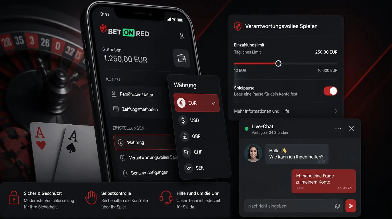 Casino-App mit Währungsauswahl, Spielkontrollen und rund um die Uhr verfügbarem Live-Chat