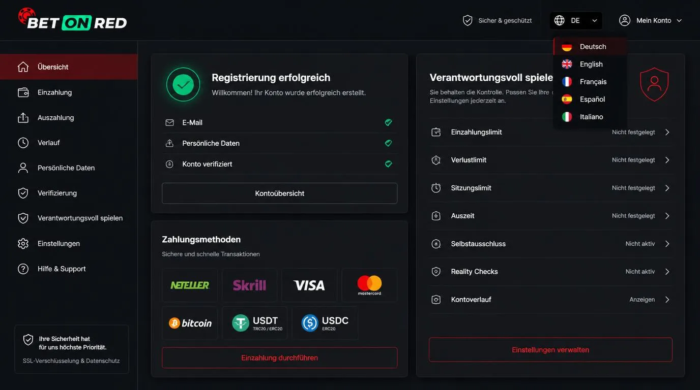 Registrierungsansicht eines Online-Casinos mit Zahlungsarten, Sprachwahl und Einstellungen für Spielgrenzen