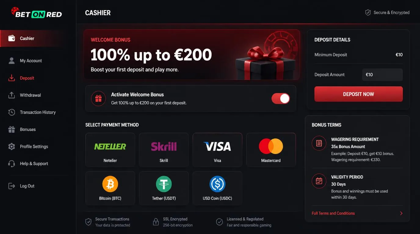 Casino-Kasse mit ausgewählter Einzahlung und aktivierter Willkommensbonus-Option