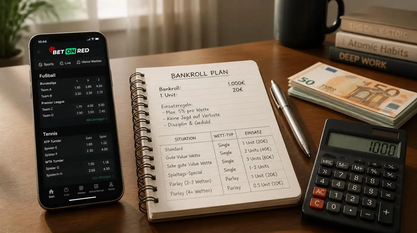 Sportwetten-Budget mit Einsatzplan, Wettprotokoll und begrenzten Einheiten auf einem Smartphone