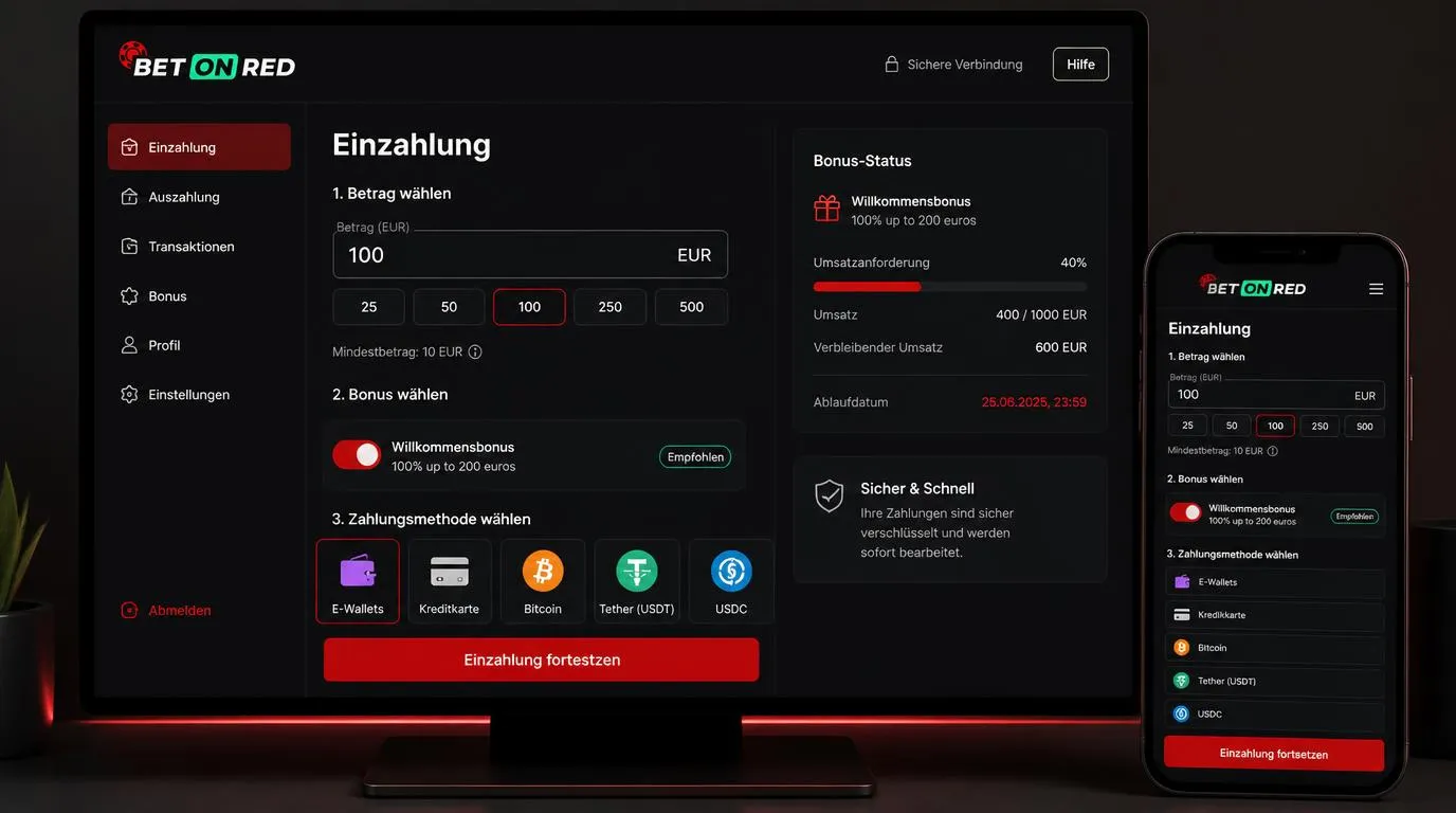 Kassenbereich eines Online-Casinos mit Einzahlung, Bonuswahl und Anzeige offener Umsatzbedingungen